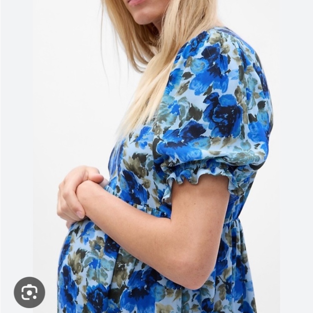 Gap Maternity Dress Blue Floral Size Medium Puff Sleeve Cottagecore NWOT